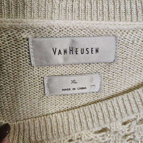 Van Heusen Open Weave Crochet Sweater Womens XL Off White Gold Cotton Blend - Picture 6 of 8